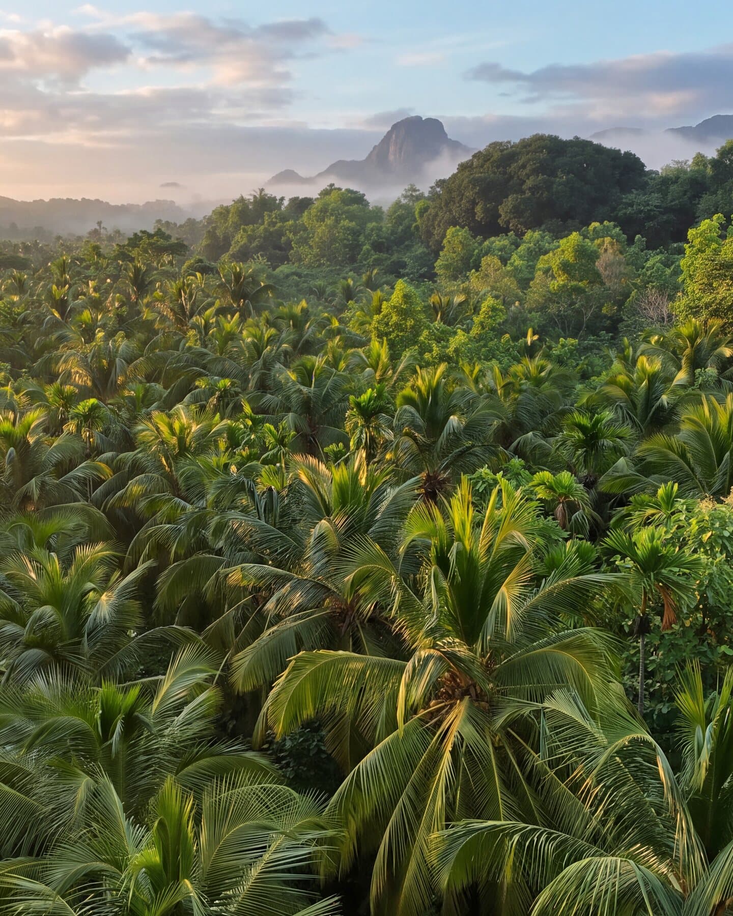 Hidden Hills Estate — the palm grove at sunrise, the Ghats in mist beyond