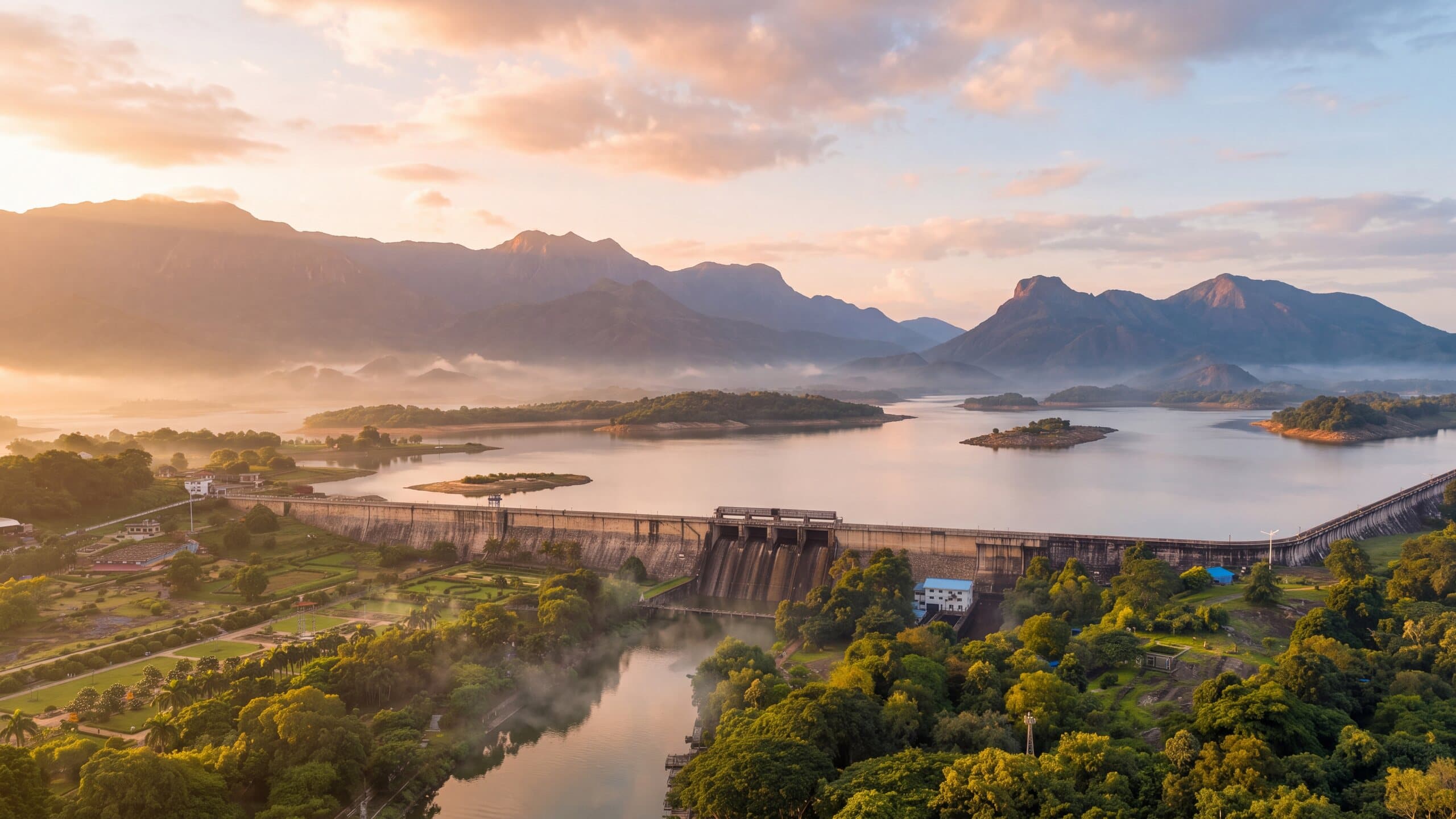 Malampuzha dam and its reservoir at first light, a short drive from the estate