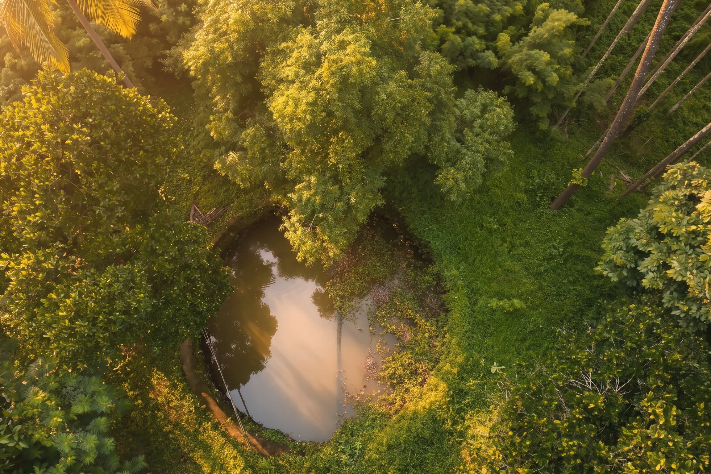 The estate's pond, held inside the grove