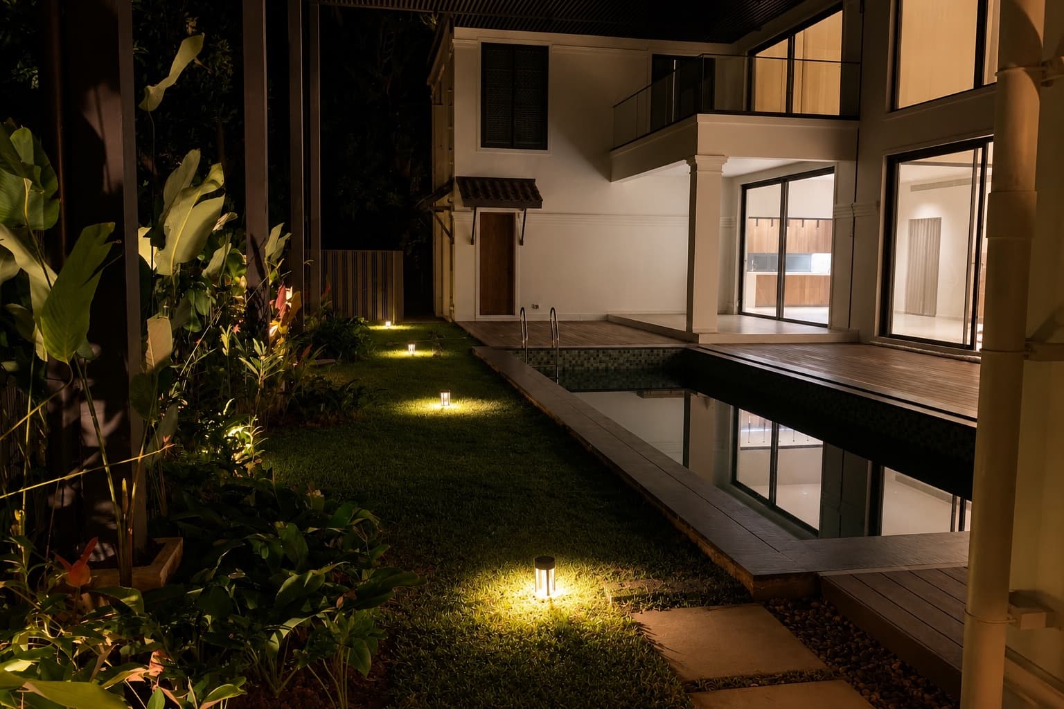 Chandranagar House — plunge pool court wrapped in planting and low garden light