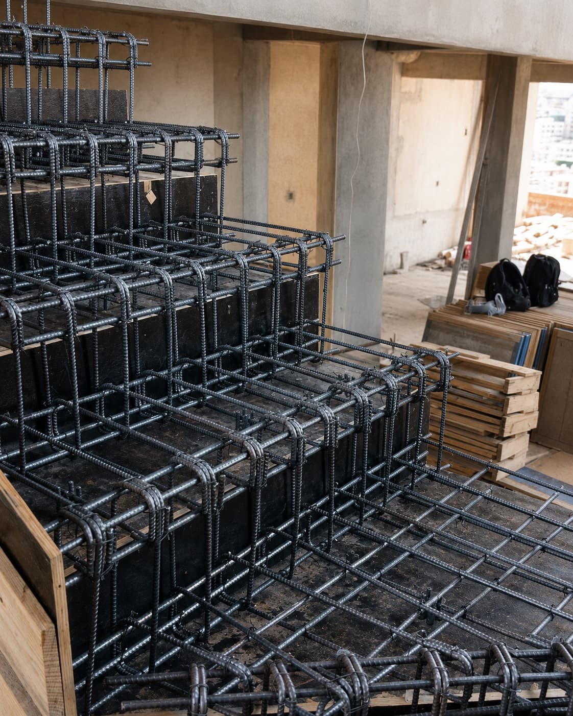 Stair reinforcement cages tied and ready for the pour