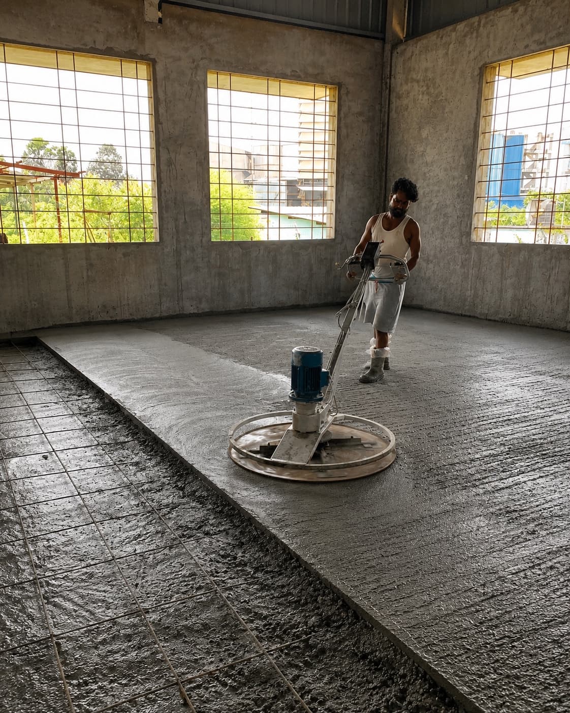 Power-floating a floor slab